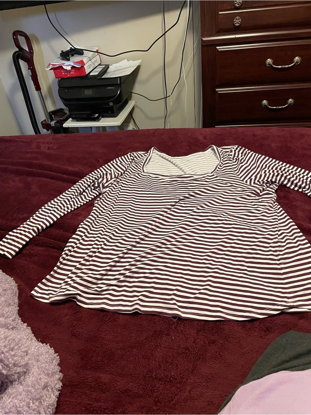 Lane Bryant Burgundy and White Striped Long-Sleeve Scoop Neck Top